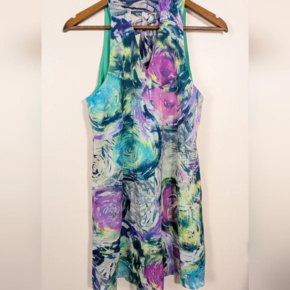 Tyche Watercolor Floral Keyhole Tied Mock Neck Mini Dress NWOT! - Picture 6 of 7